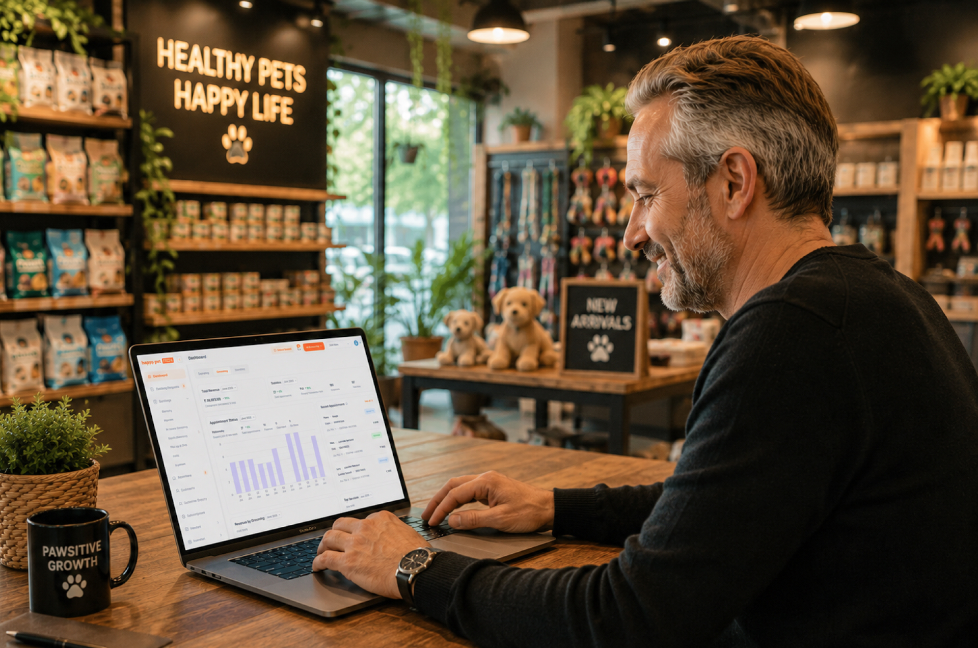 pet business owner reviewing performance report